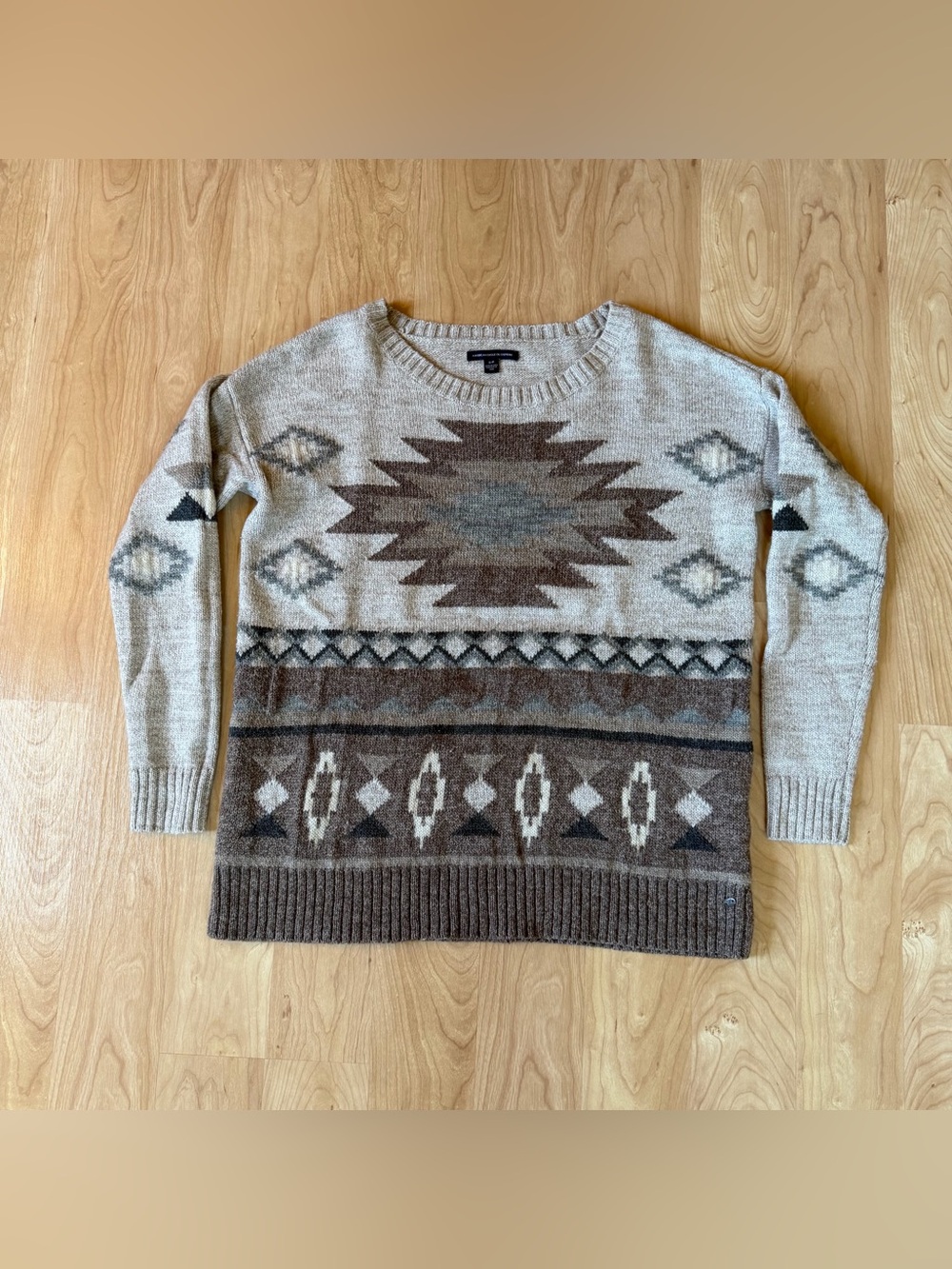 American Eagle Outfitters Aztec Crewneck Sweater - Beige, Brown, Gray